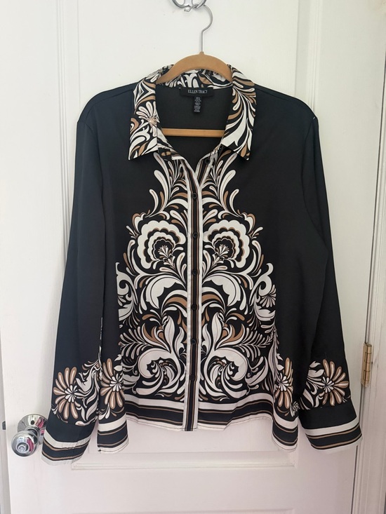 Ellen Tracy Tops - Ellen Tracy Blouse with Cream & Brown Baroque Print XL